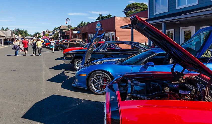 Display of vintage cars, Cranberry Festival in Bandon, Oregon.