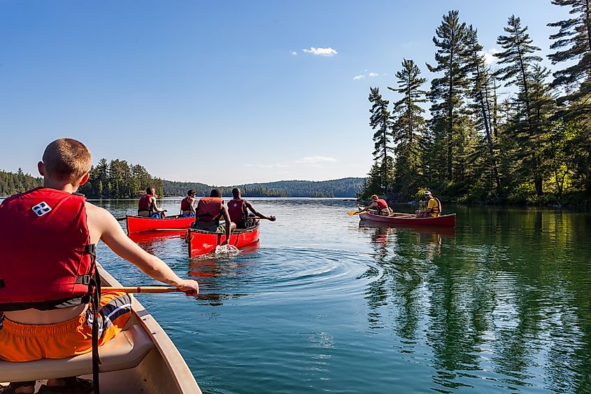 A group of young men paddling through a lake in Temagami, Ontario.