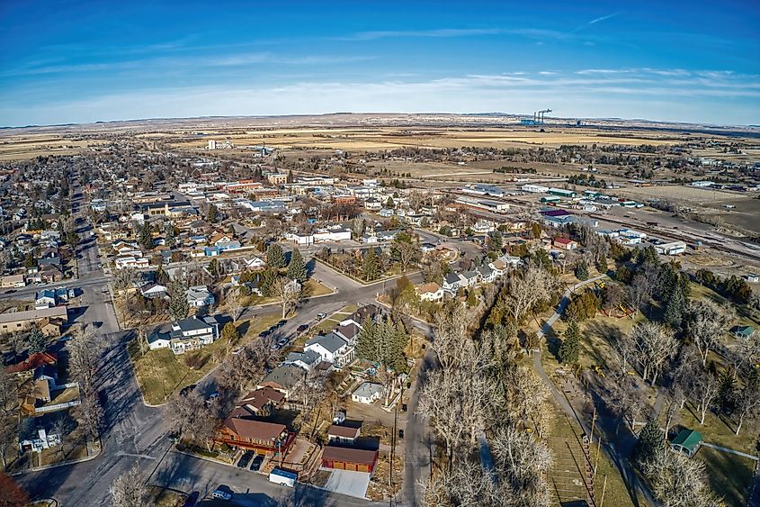 Aerial view of Wheatland, Wyoming, during winter.