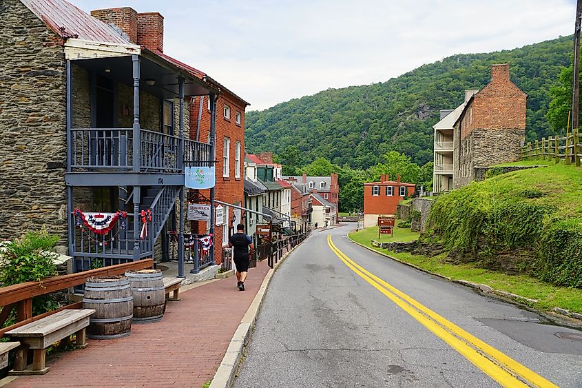 Rustic buildings in the town of Harpers Ferry, West Virginia.