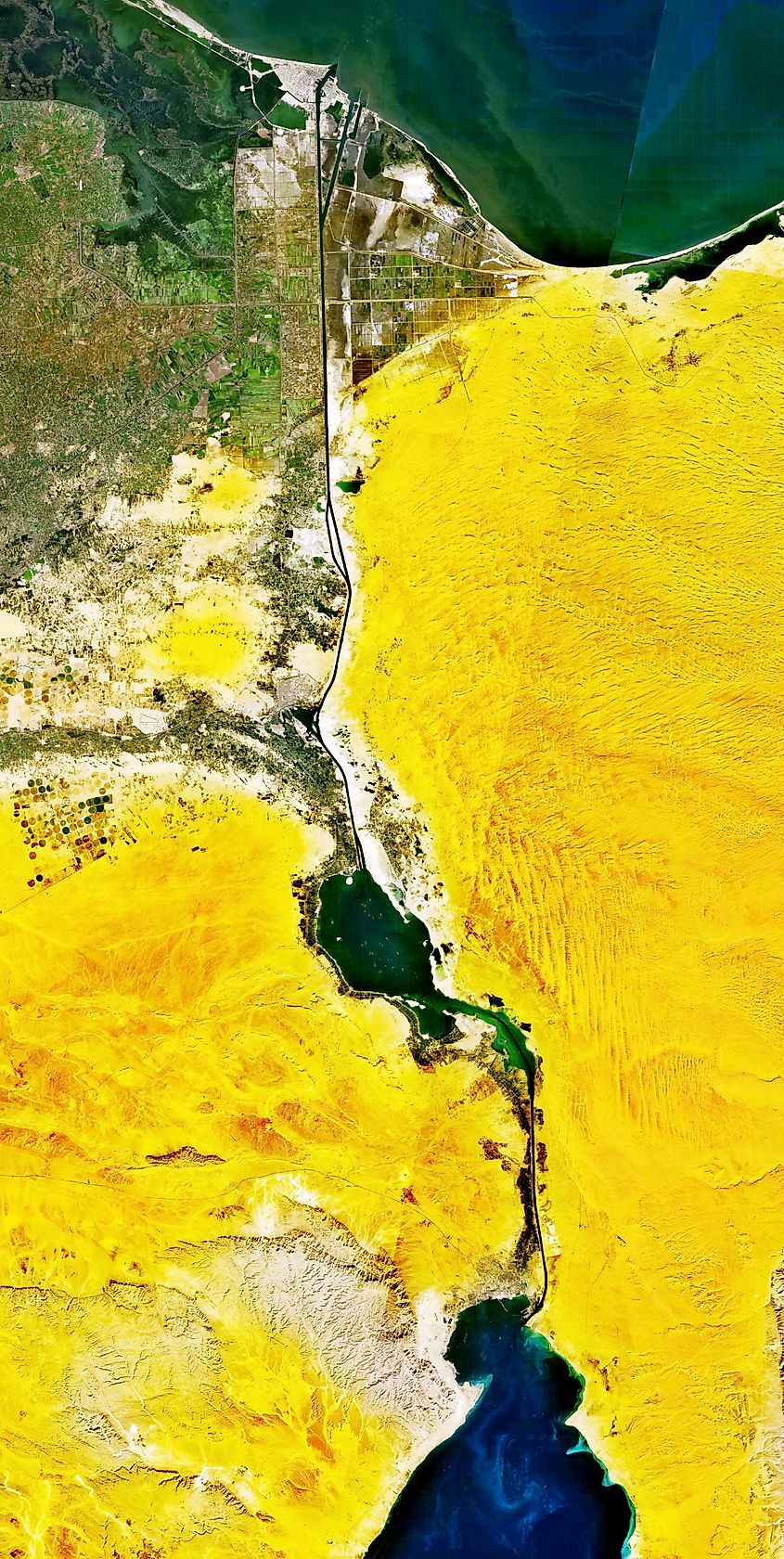 Satellite view of Suez Canal - Closure from 1967-1975 severely impacted global commerce and politics. Source: Wikimedia Commons/Public Domain