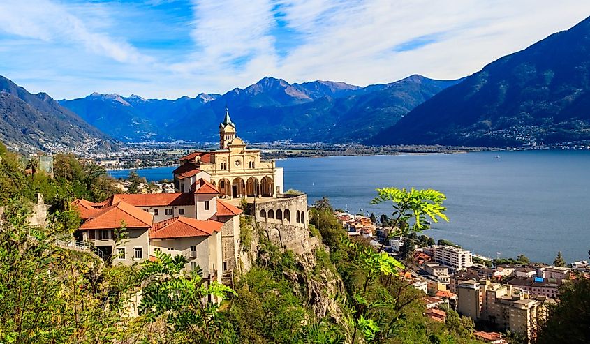 Madonna del Sasso monastery and Lake Maggiore at Locarno, Switzerland.