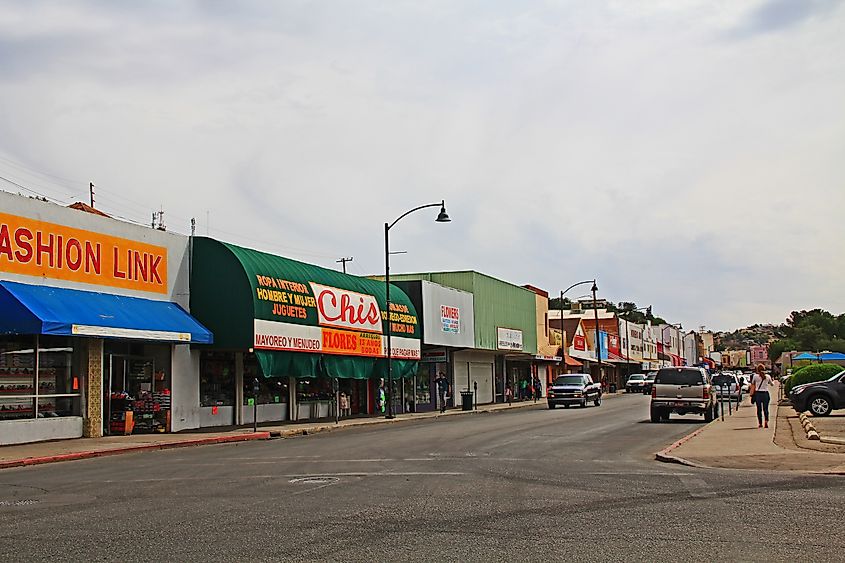 Businesses lined along a street in Nogales, Arizona.