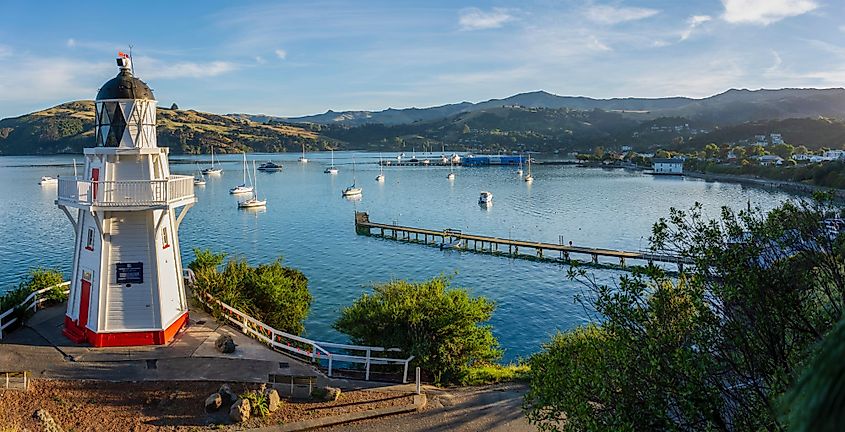 The iconic Akaroa Lighthouse in Akaroa, New Zealand