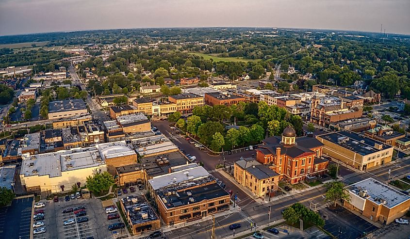 Aerial view of downtown Woodstock at dusk in summer. 