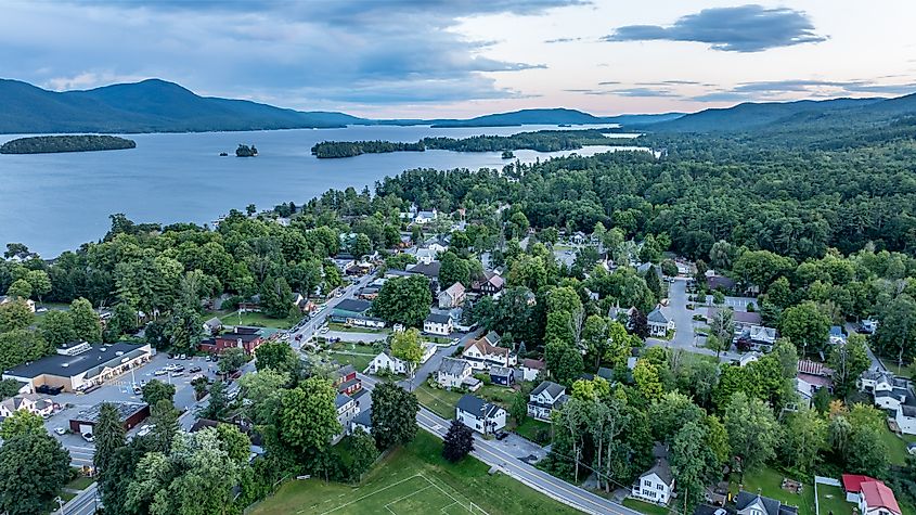 Aerial view of the area surrounding Bolton Landing and Lake George, New York