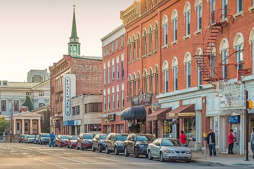 Pedestrians stand on the sidewalk in downtown Erie Pennsylvania