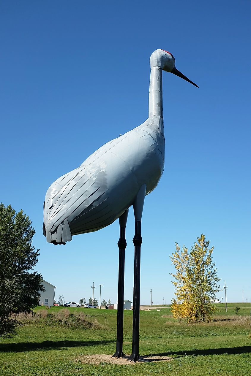 Sandy the Worlds Largest Sandhill Crane, a 40 foot high roadside attraction in Steele, North Dakota.