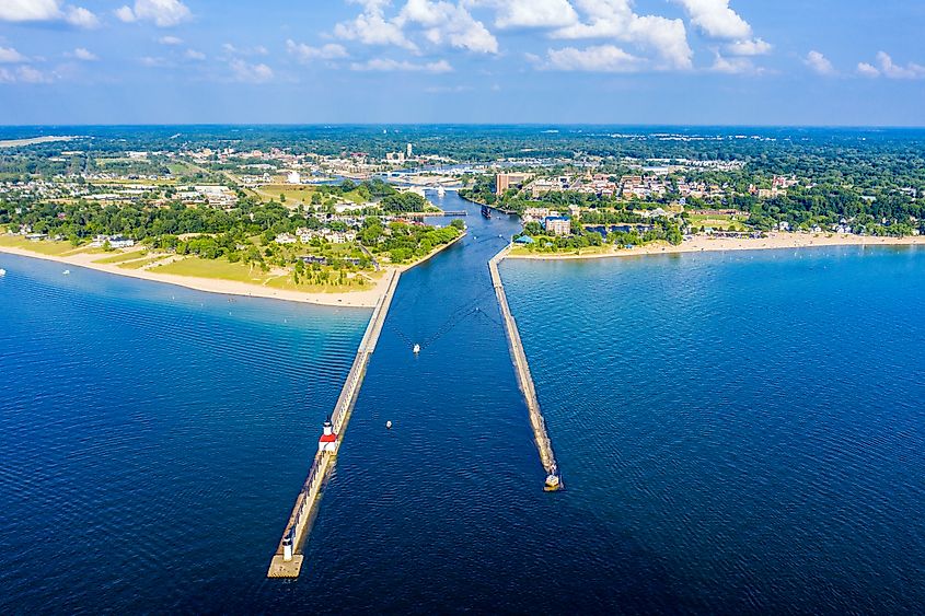 Aerial view of the coast along St. Joseph in Michigan.