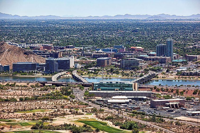 Sunny and clear skies over the lakefront and downtown of Tempe, Arizona.