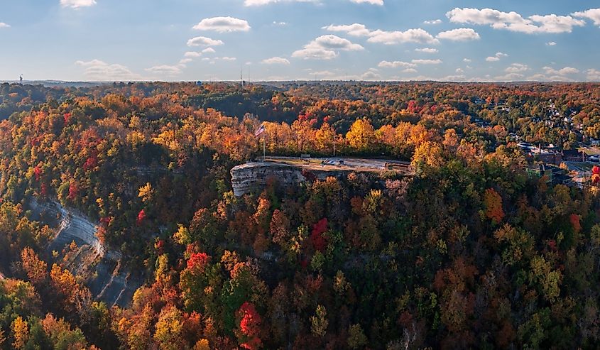 Aerial view of the Lovers Leap overlook in Hannibal Missouri with brilliant fall colors on the trees around the town