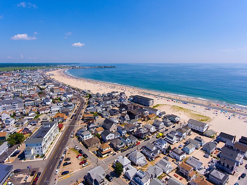 Aerial view of Hampton Beach, featuring historic waterfront buildings along Ocean Boulevard and Hampton Beach State Park.