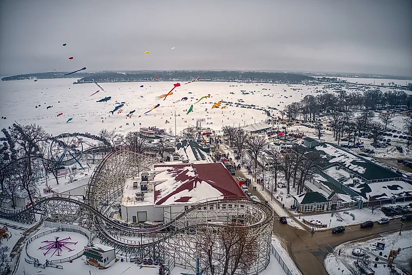 Aerial view of winter festivities in Okoboji, Iowa.