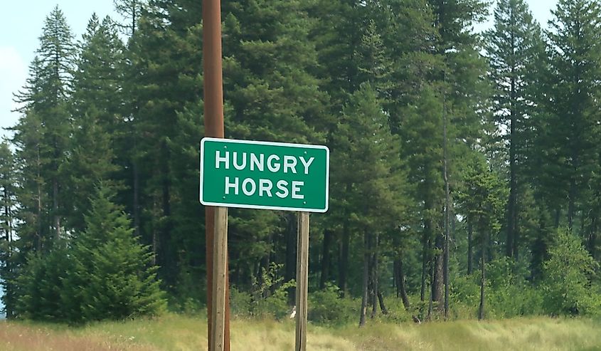 Green highway road sign for Hungry Horse, Montana.