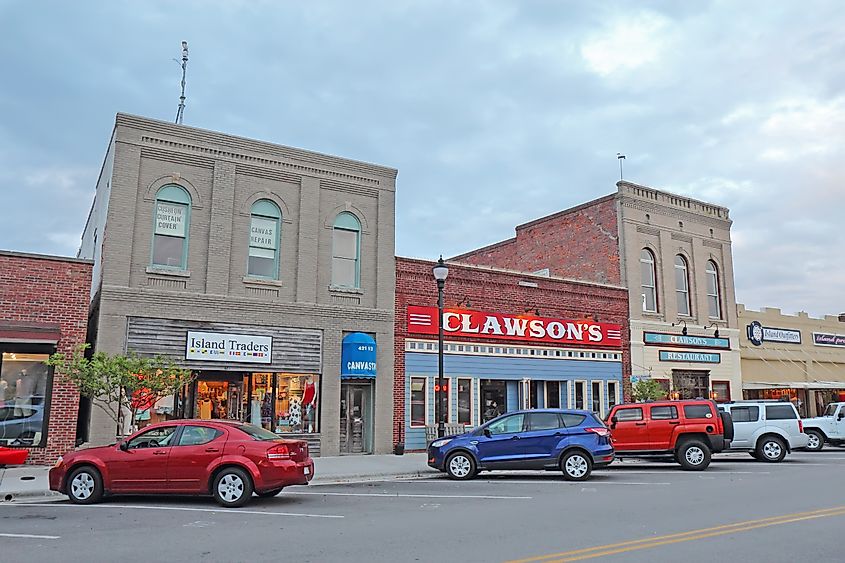 Businesses on Front Street in downtown Beaufort, the third-oldest town in the state, rated as "America's Coolest Small Town" by Budget Travel Magazine in 2012