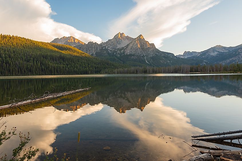Sunset over a lake in the Sawtooth Mountains, Stanley, Idaho, United States.