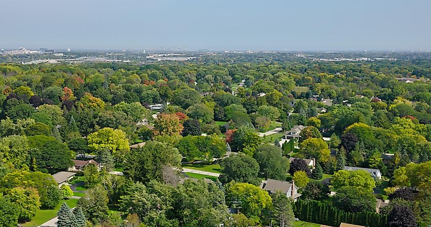 Aerial shot of Brookfield, Wisconsin, on a clear day in Fall.