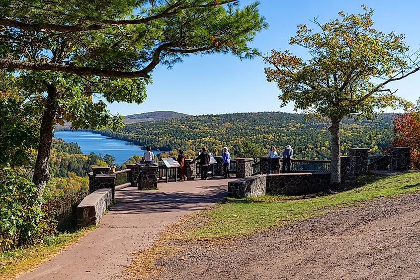 Tourists enjoy the view from Brockway Mountain Lookout in Copper Harbor, Michigan