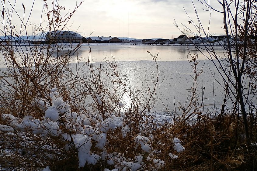 A frozen lake in Belgrade, Montana.