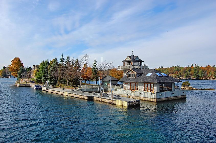One Island in Thousand Islands Region in fall of New York State, USA.