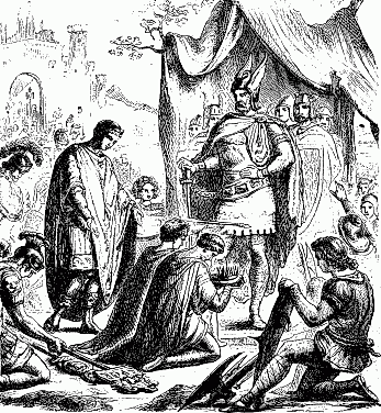 19th-century illustration of Romulus Augustus surrendering his crown in front of Odoacer