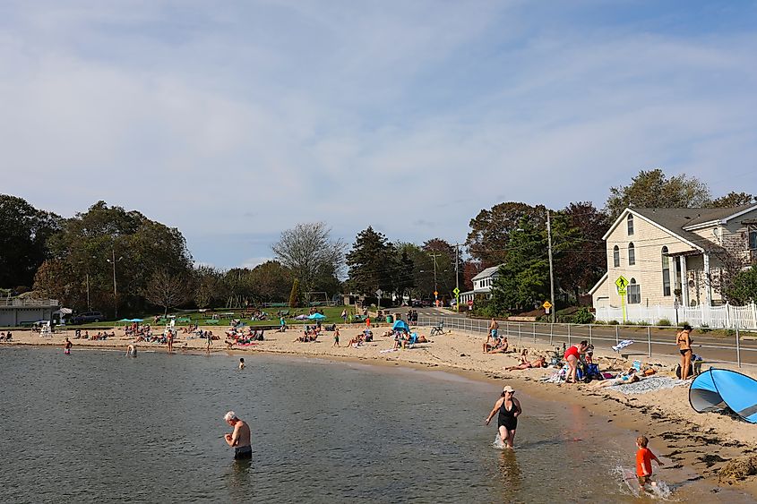 People enjoying the beach in Branford, Connecticut