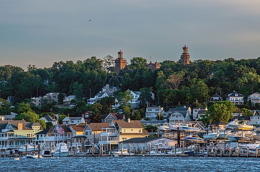 The marina below the historic Twin Lights Lighthouse in Highlands, New Jersey