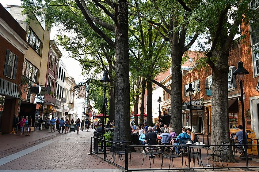 People enjoying a meal at the Downtown Mall in Charlottesville, Virginia.