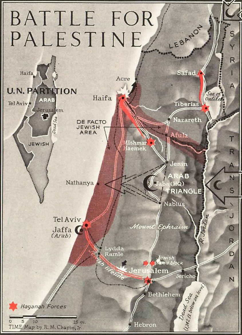 Map from TIME 1948 highlighting the separation between Jewish and Palestinian ("Arab") regions. Source: Public Domain.