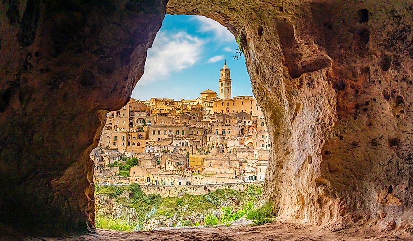 View of the ancient town of Matera, Sassi di Matera in Basilicata, southern Italy. grotto cave on Sassi di Matera