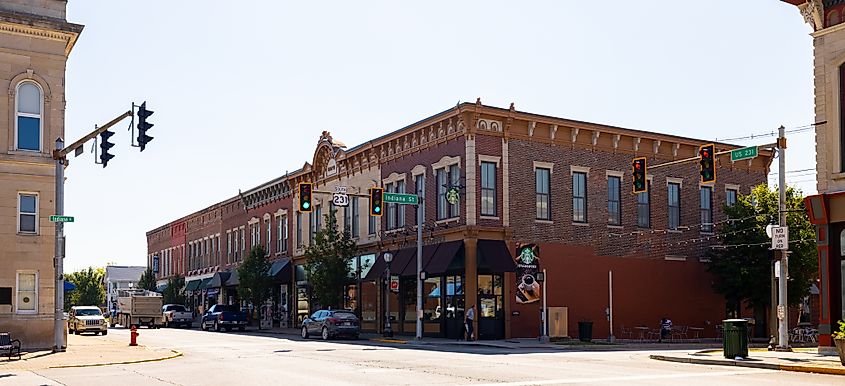 Editorial Photo Credit: Roberto Galan via Shutterstock. Greencastle, Indiana, USA - August 24, 2021: The business district on Washington street
