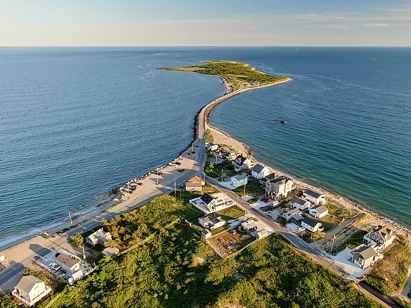 Aerial of Gooseberry Island in Westport, Massachusetts.