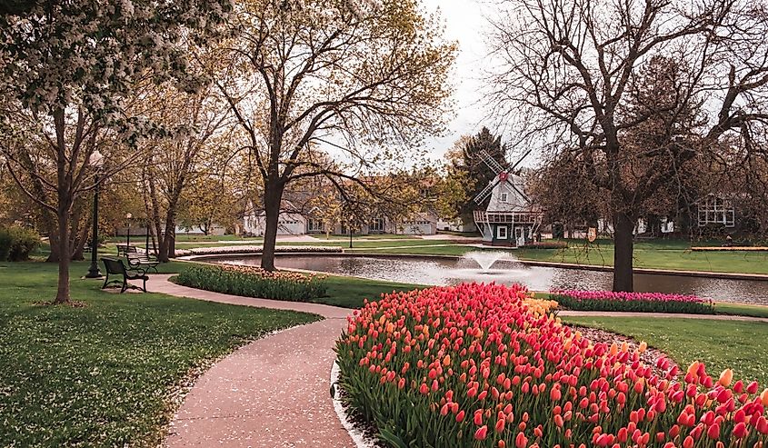 Path with tulip beds in Sunken Gardens Park, Pella, Iowa