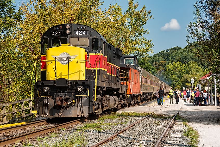 The scenic train stops at the Peninsula station during its run on the Cuyahoga Valley Scenic Railroad in Peninsula, Ohio.