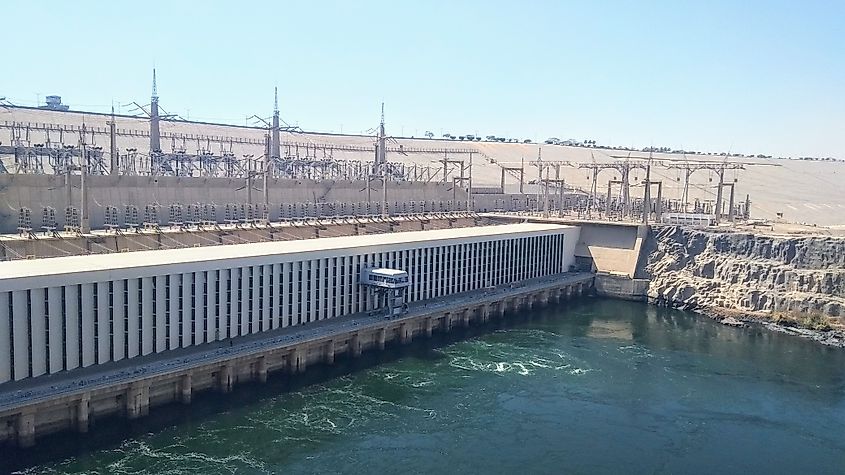 Aswan, Egypt - Feb 27, 2022: The Aswan High Dam, a massive embankment dam on the Nile River.