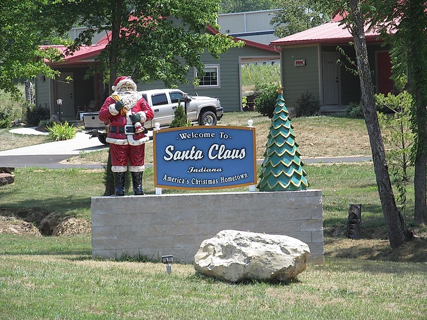 Sign welcoming visitors to Santa Claus, Indiana.