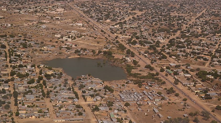 Aerial view to NDjamena and Chari or Chari river, capital of Chad.