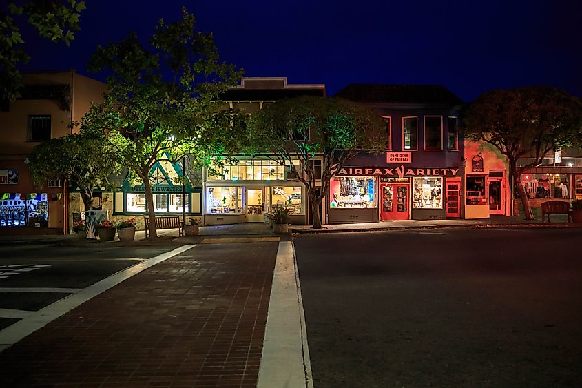 Downtown Fairfax, California, at night.