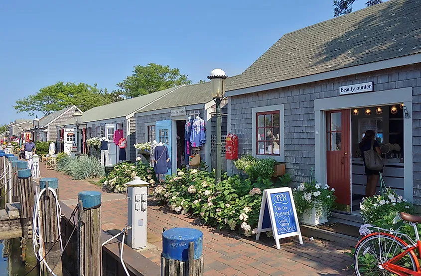 Traditional New England buildings and stores on Nantucket Island in Massachusetts, USA.