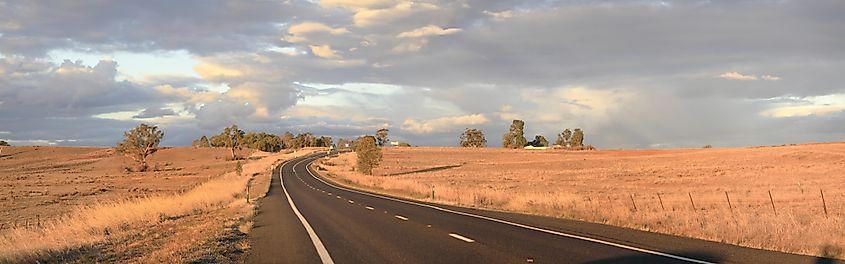 Panoramic views of dry, drought stricken farm land in Gunnedah, New South Wales, rural Australia.