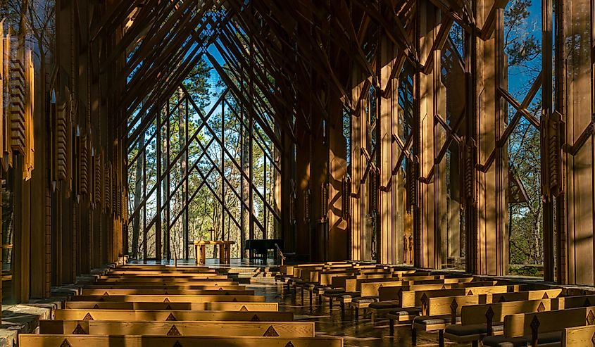The glowing interior of Thorncrown Chapel in Eureka Springs, Arkansas.
