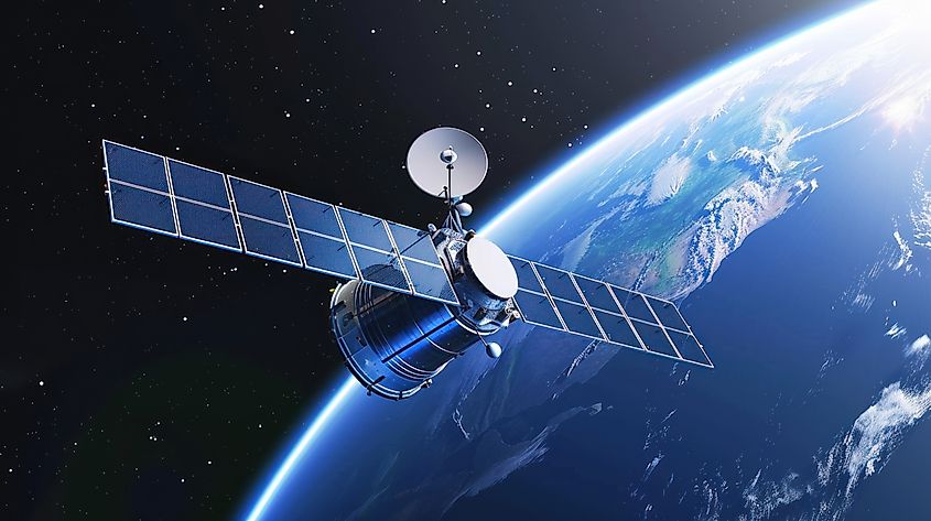 Sleek, high-tech satellites with large solar panels and intricate antenna arrays transmit signals across the globe.