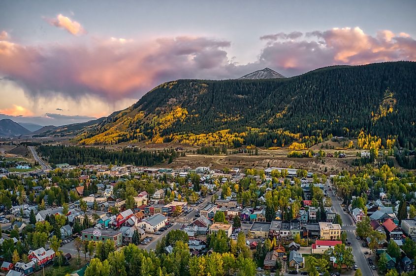 Aerial view of the popular ski town of Crested Butte, Colorado, in peak autumn colors.