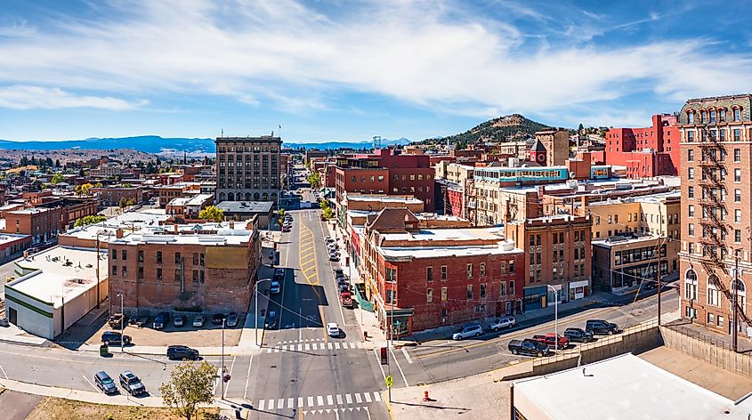 Aerial panorama of Butte, Montana, along Park Street.