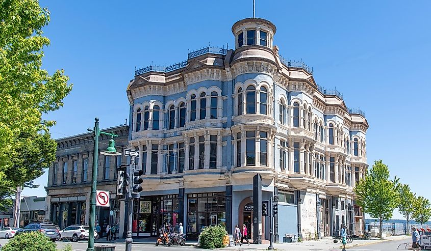 Historic Victorian architecture of the Hastings Building in downtown Port Townsend, Washington.