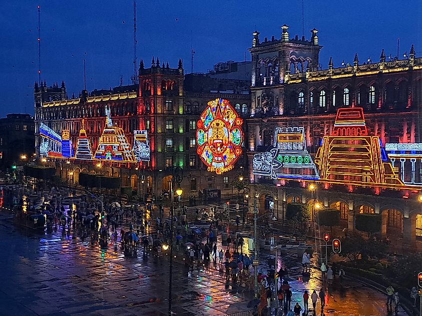 Decorative lighting in the Zocalo of Mexico City for Independence Day celebrations. Image Credit Arlette Lopez via Shutterstock.