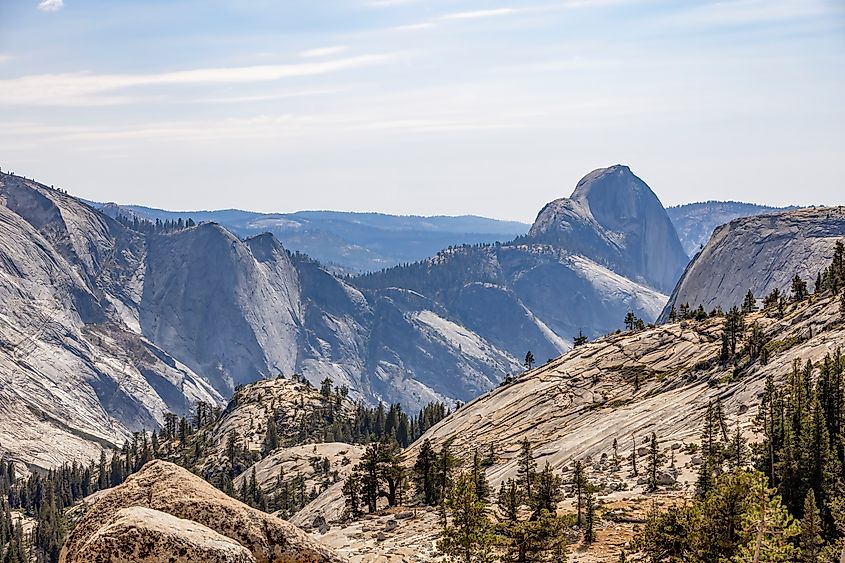 View from Olmsted Point showing granite ridges and Half Dome across Yosemite’s high country.