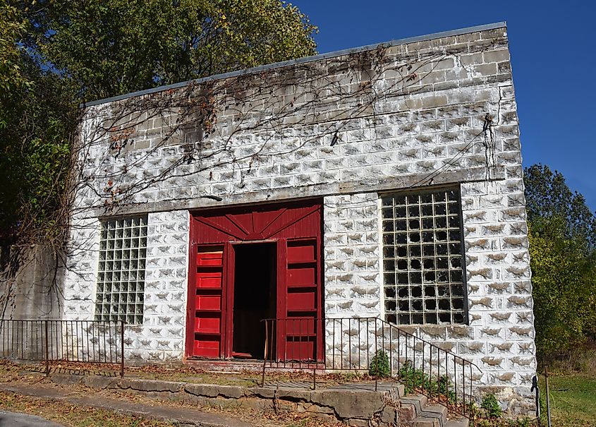 Abandoned funeral home, in Pepper Sauce Alley ghost town, in Calico Rock, Arkansas.