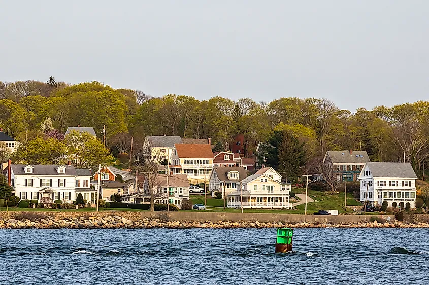 View of the Sakonnet River alongside a small residential neighborhood in Tiverton, Rhode Island.