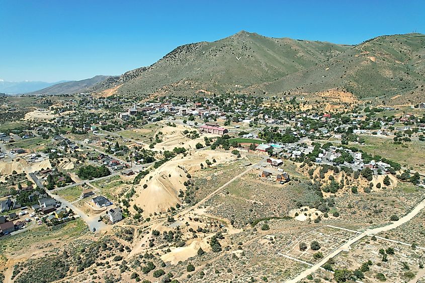 Aerial view of Virginia City, Nevada, including the Bonanza and La Ponderosa areas